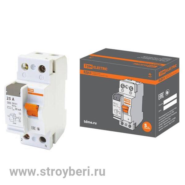 SQ0220-0002 УЗО ВД63 2Р 25А 30мА (электронное) TDM