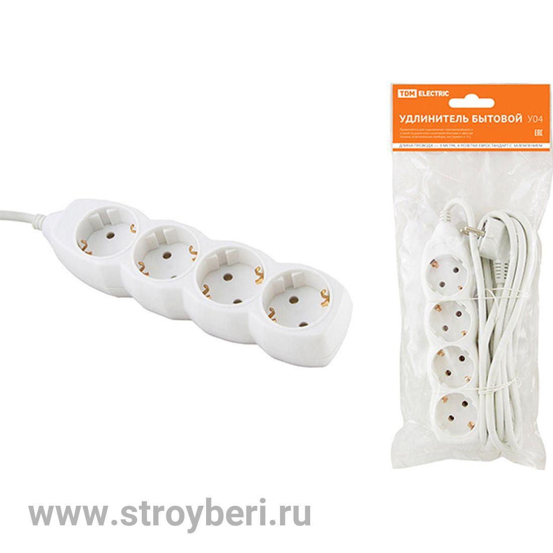 SQ1303-0012 Удлинитель бытовой У04 4 гнезда, 5метров, с заземлением, ПВС 3х1мм2 16А/250В TDM