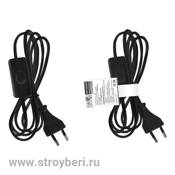 SQ1305-0042 Шнур с выключателем и плоской вилкой 'Народный' ШВВП 2х0,5мм2 2м. черный