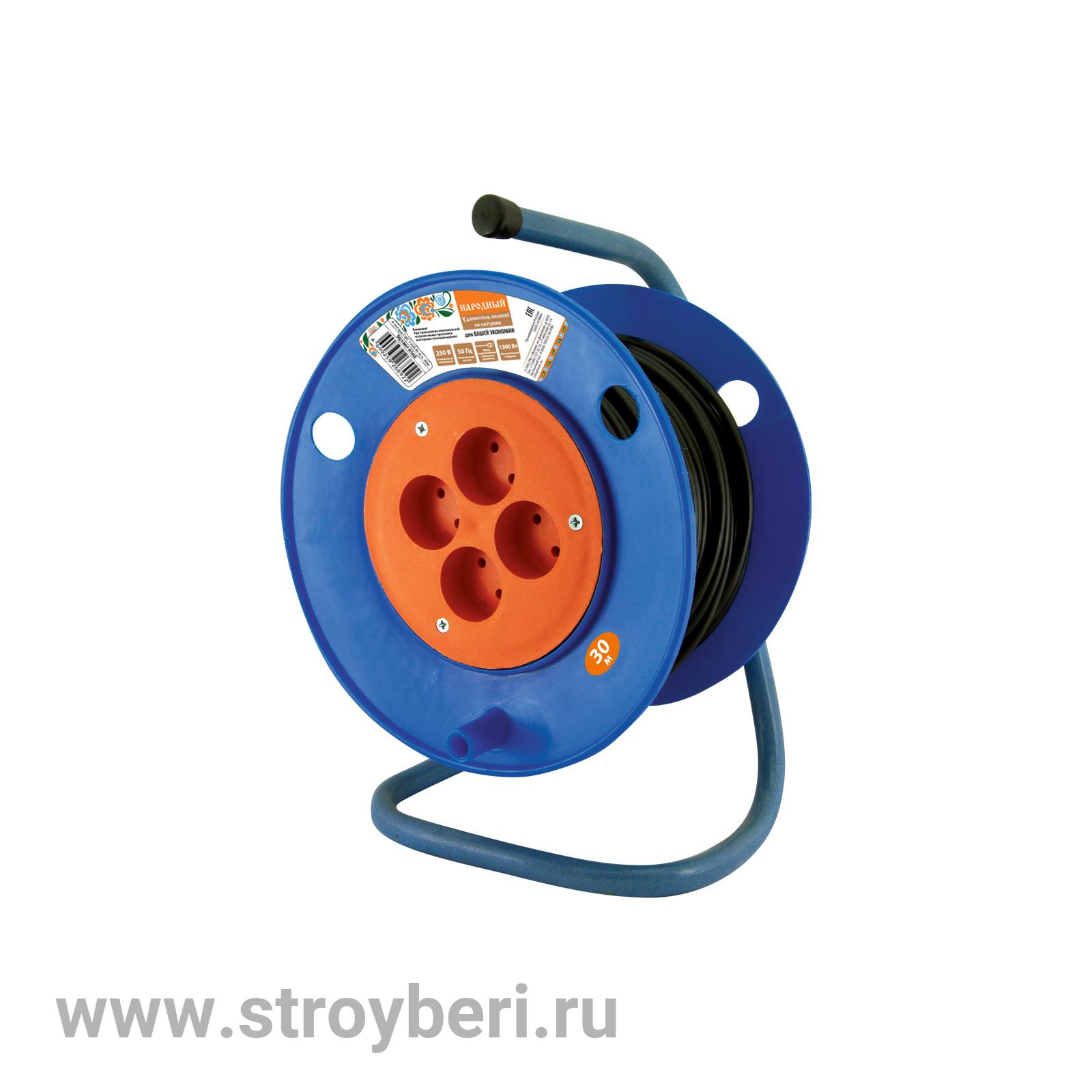 SQ1307-0502 Удлинитель на катушке силовой народный 4 гнезда ПВС 1300 Вт б/з, 30м