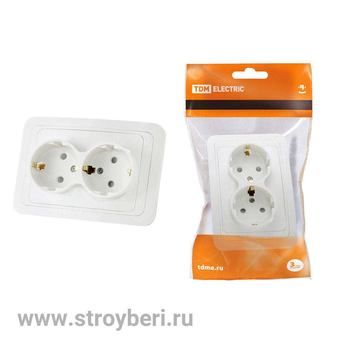 SQ1804-0026 Розетка двойная 2П+З 16А c защитными шторками белая 'Валдай' TDM