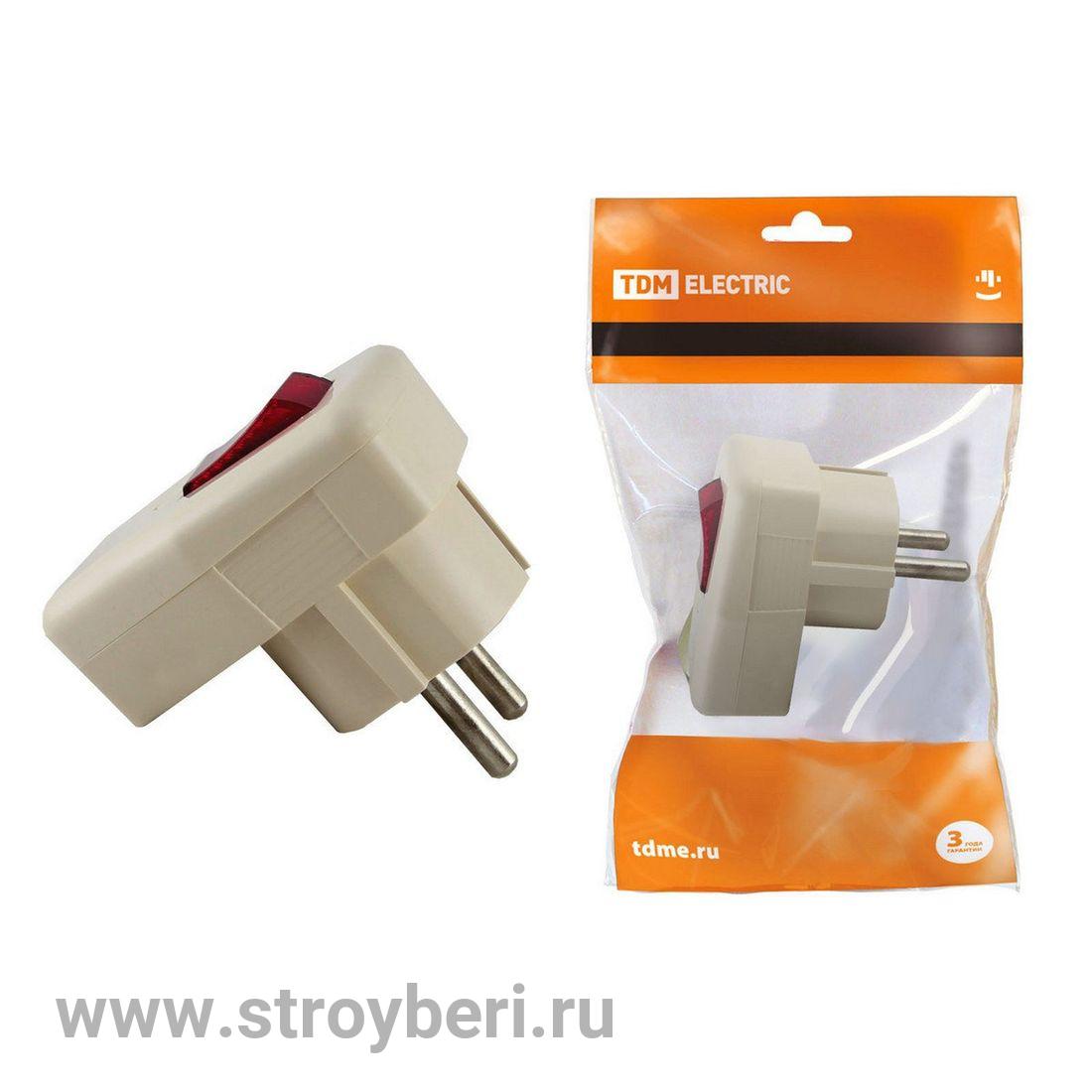 SQ1806-0009 Вилка угловая с/з с выключателем белая 16А 250В TDM