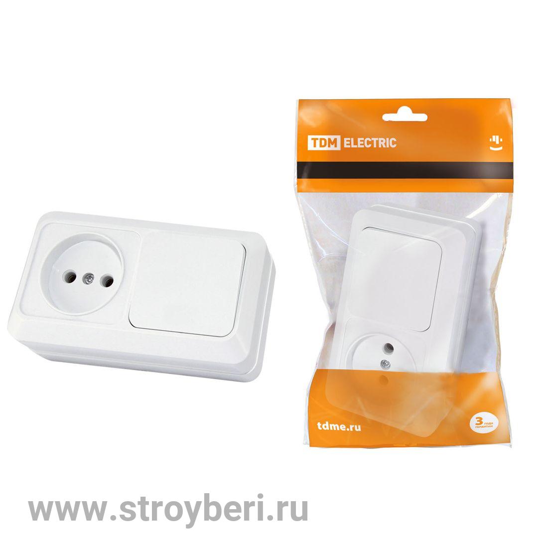 SQ1801-0105 Блок комбинированный выкл.1-кл. 10А + розетка 2П 10А 250В БКВР IP20 белый 'Ладога' TDM
