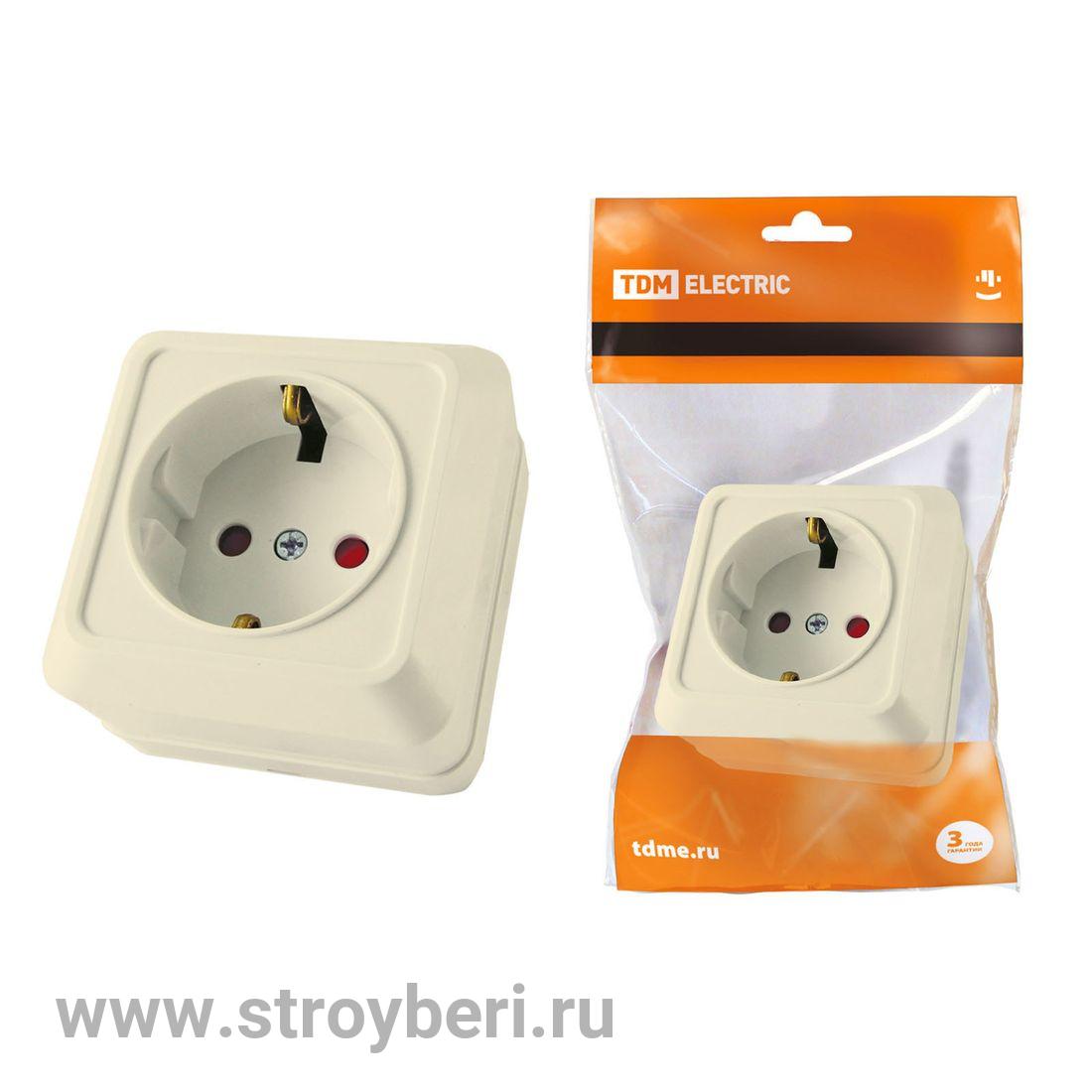 SQ1801-0064 Розетка 2П+З открытой установки с з/ш IP20 16А, слоновая кость 'Ладога' TDM