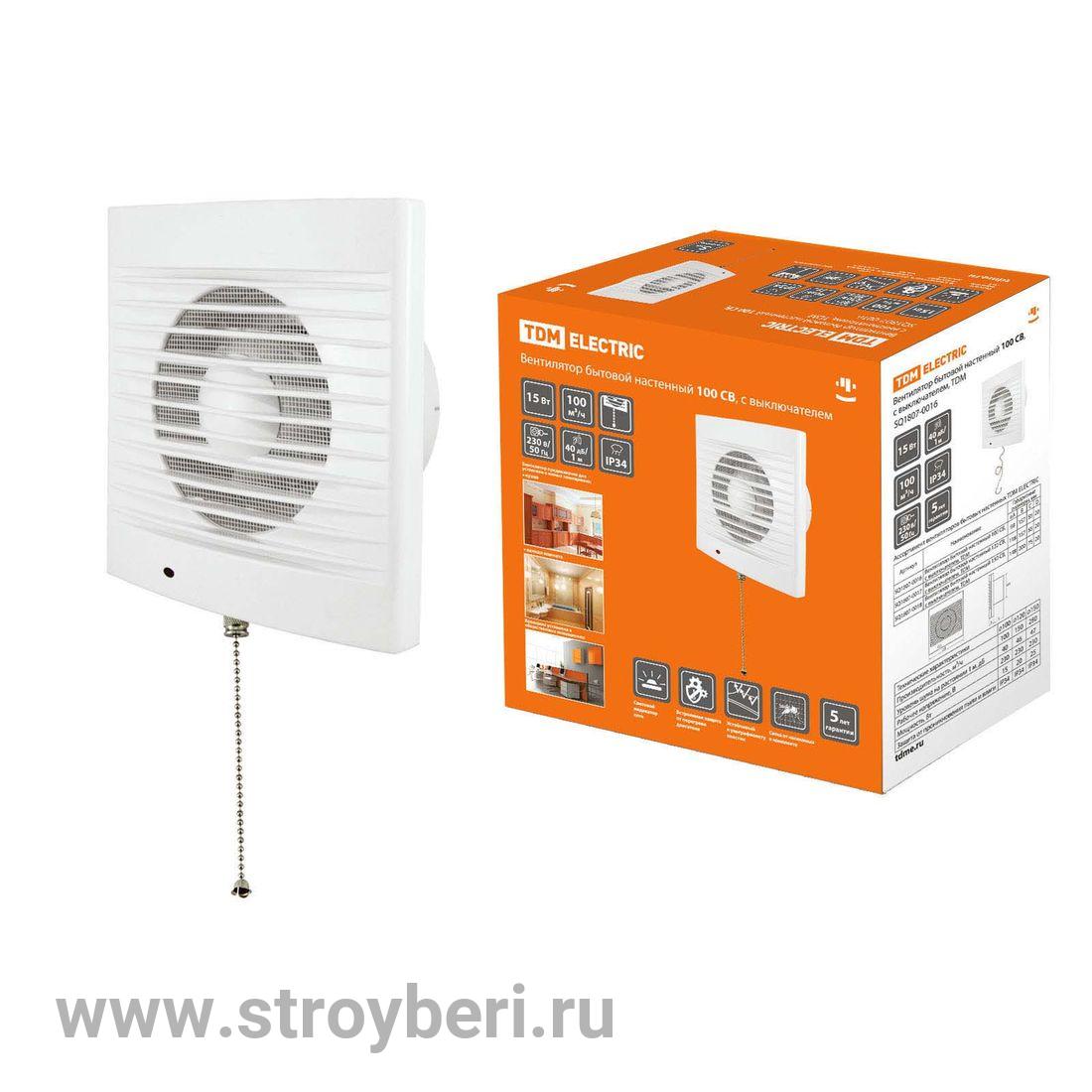 SQ1807-0016 Вентилятор бытовой настенный 100 СВ, с выключателем, TDM