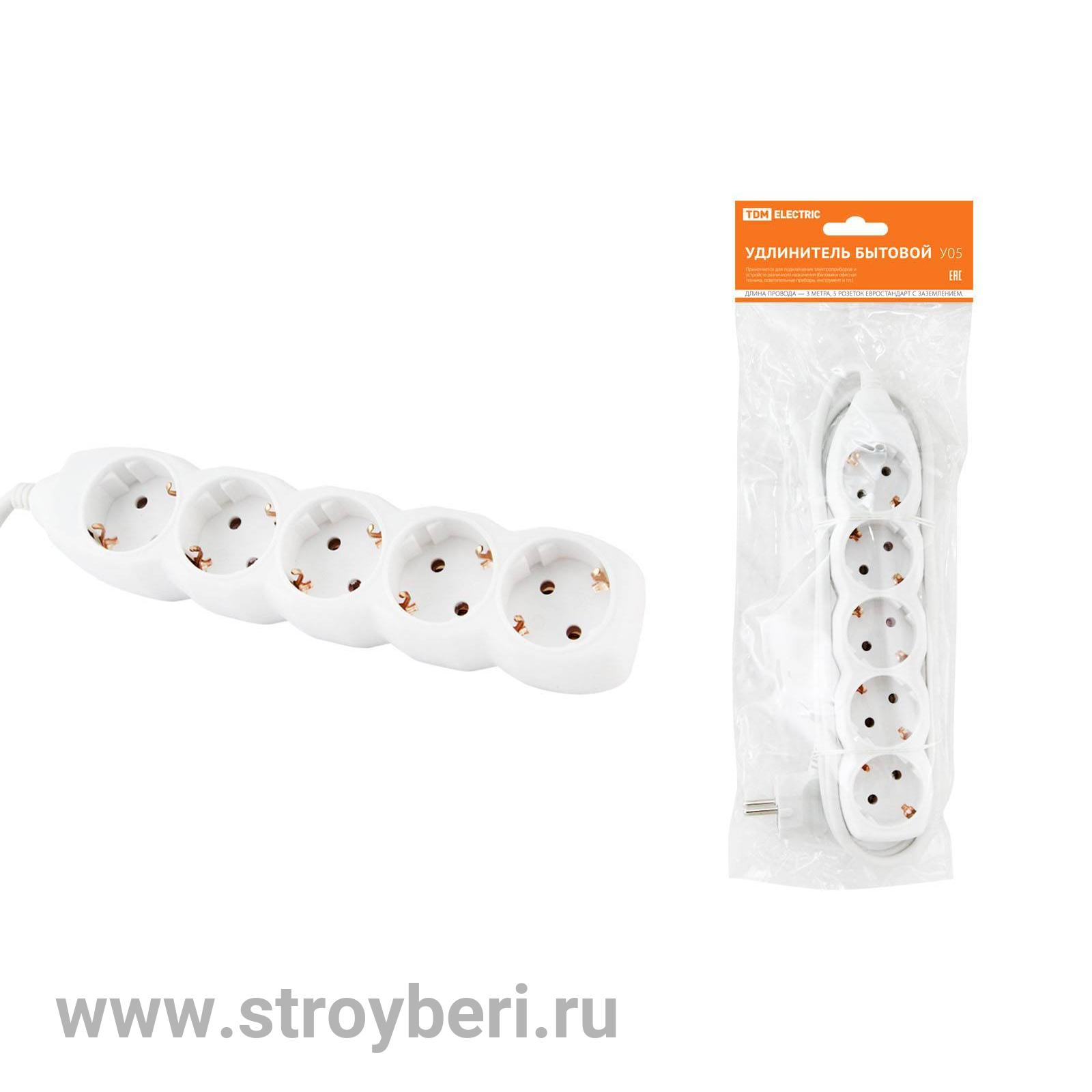 SQ1303-0021 Удлинитель бытовой У05 5 гнезд, 3метра, с заземлением, ПВС 3х1мм2 16А/250В TDM