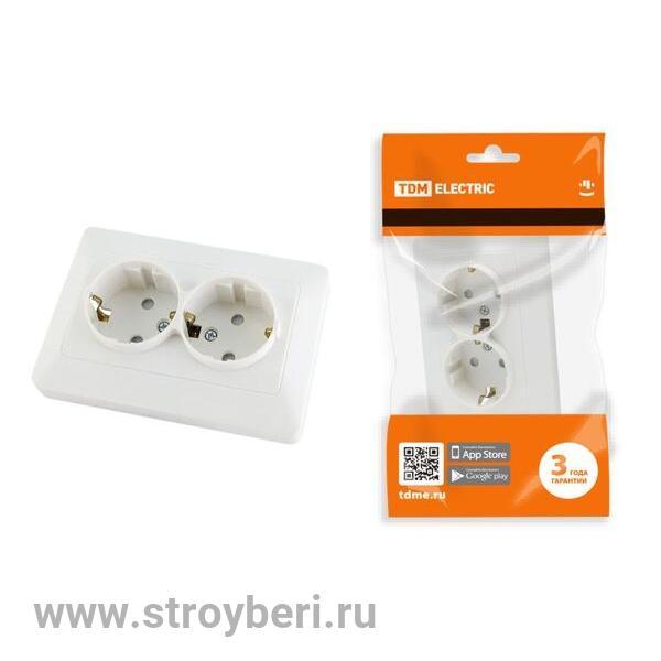 SQ1823-0016 Розетка двойная 2П+З с защ. шт. 16А 250В белая 'Ильмень' TDM