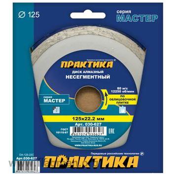 030-627 Диск алмазный несегментный ПРАКТИКА 'Мастер' 125 х 22 мм (1 шт.) коробка