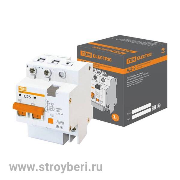 SQ0221-0002 Диф.автомат АД-2 2Р 25А 30мА TDM
