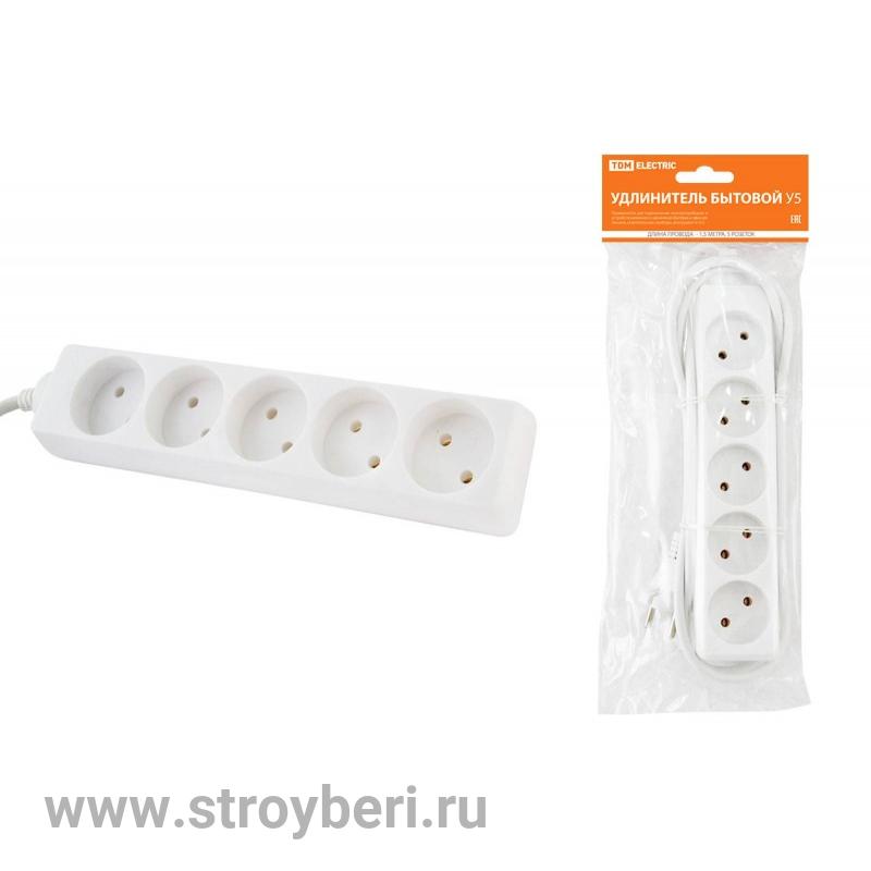 SQ1303-0220	 Удлинитель бытовой У5 5 гнезд, 1,5метра, без заземления, ПВС 2х0,75мм2 10А/250В TDM
