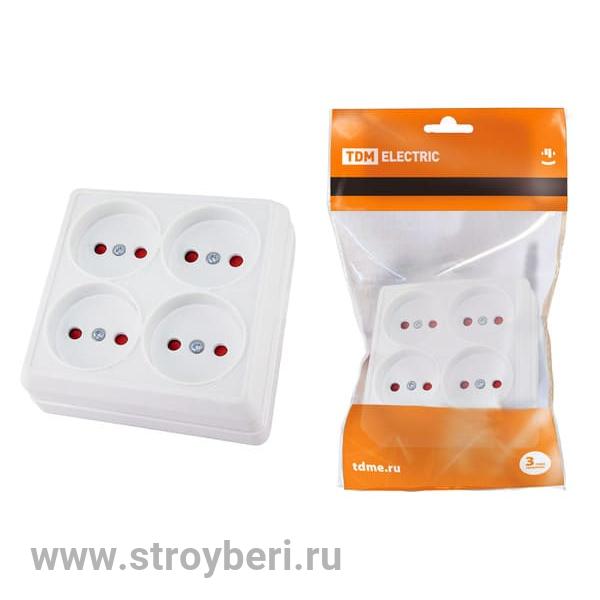 SQ1801-0121 Розетка четырехместная 2П открытой установки IP20 10A с защ. шторк. белая 'Ладога'