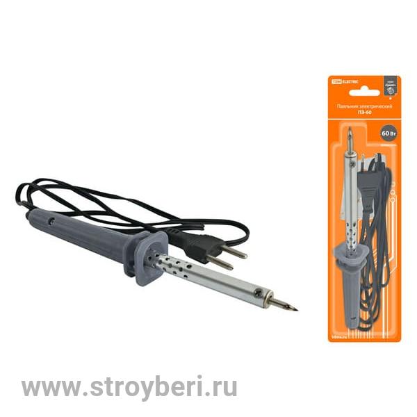 SQ1025-0202 Паяльник электрический ПЭ-60 с жалом типа 'конус', в комплекте подставка, 60 Вт, 'Гр
