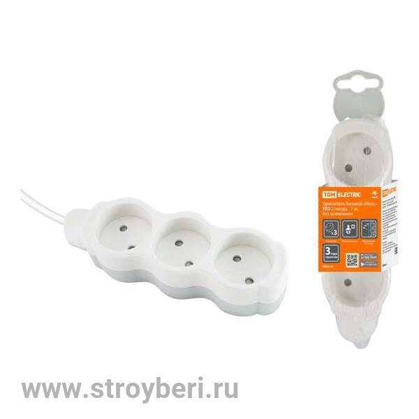 SQ1303-0186 Удлинитель бытовой 'Люкс' УЛ3 3 гнезда,7м,б/з,с з/ш,ПВС2х0,75 мм2 10А/250В б-с TDM