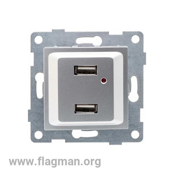 С11USB2-004 GUSI Ugra МЕХАНИЗМ розетки USB,  двойной,  скрытая  установка. Цвет  серебро.