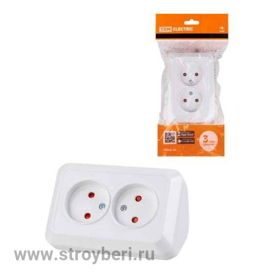 SQ1801-0022 Розетка угловая двойная 2П открытой установки с з/ш IP20 250В 10А белая 'Ладога' TDM