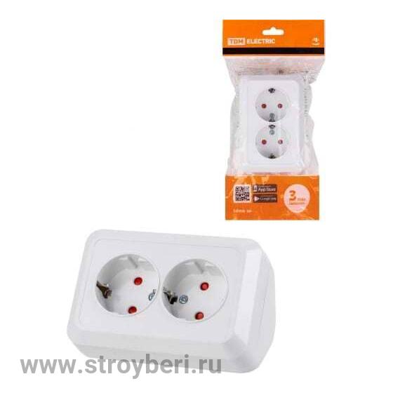 SQ1801-0067 Розетка угловая двойная 2П+З открытой установки с з/ш IP20 250В 16А белая 'Ладога' TDM