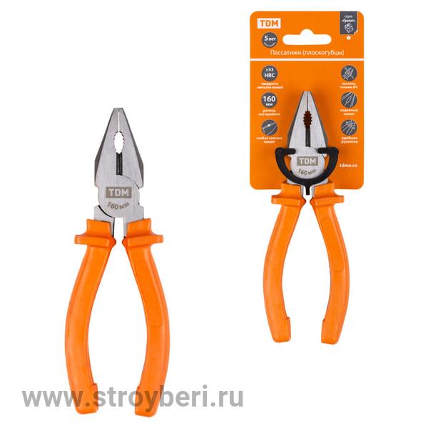 SQ1009-0101 Пассатижи (плоскогубцы), с пластиковыми рукоятками, 160 мм,углерод сталь Гранит, TDM