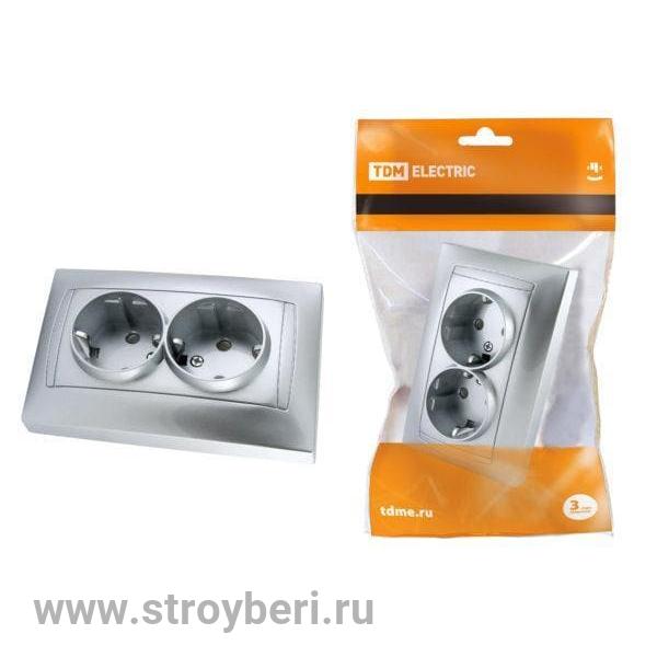 SQ1815-0213 Розетка двойная 2П+З 16А 250В с защ. шт. серебр. металлик 'Лама' TDM