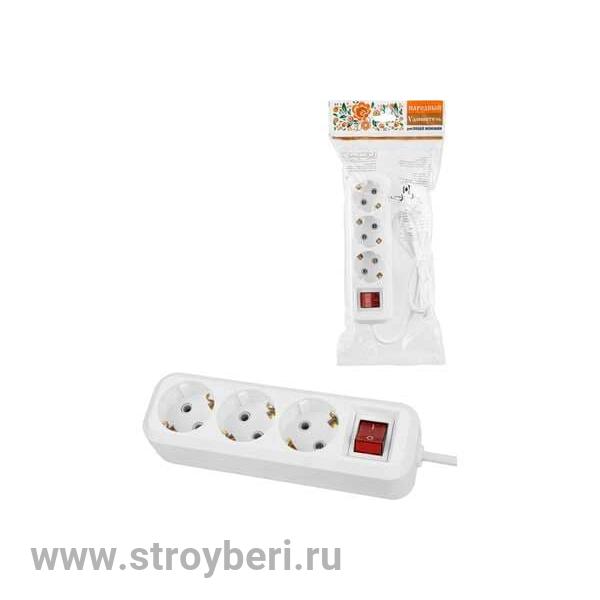 SQ1303-1100 Удлинитель народный УН03В выключатель, 3 гнезда, 1,5 метра, с/з, ПВС 3х0,75мм2 10А/2