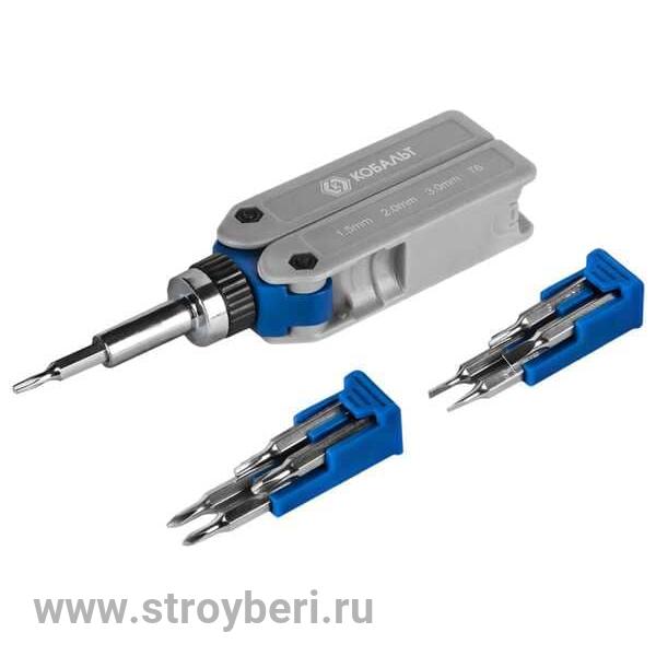 245-466 Отвертка реверсивная КОБАЛЬТ складная, с набором бит для точных работ, CR-V  (9 шт.) блистер