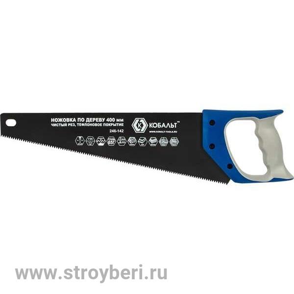 246-142 Ножовка по дереву КОБАЛЬТ 400 мм, шаг 3,5 мм / 7 TPI, тефлон.покр. закаленный зуб, 3D-заточк