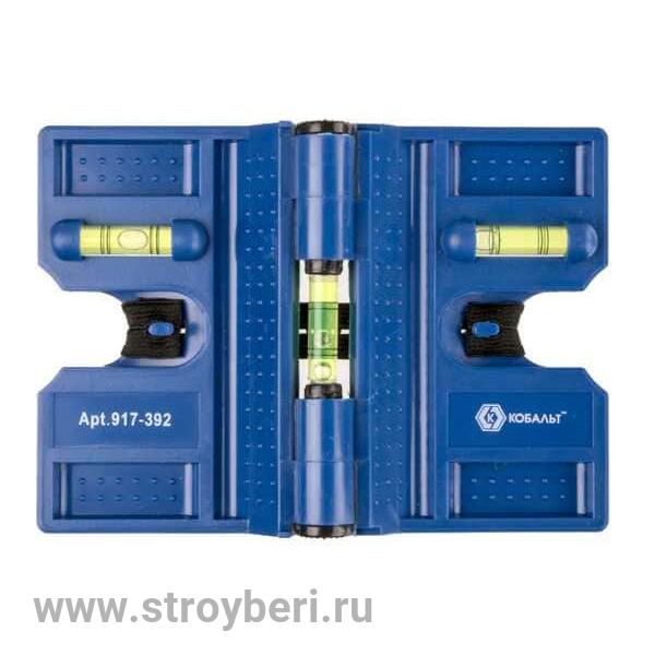 917-392 Уровень строительный КОБАЛЬТ угловой, 4 магнита, 3 глазка, точность 0,57 мм/м, пластиковый