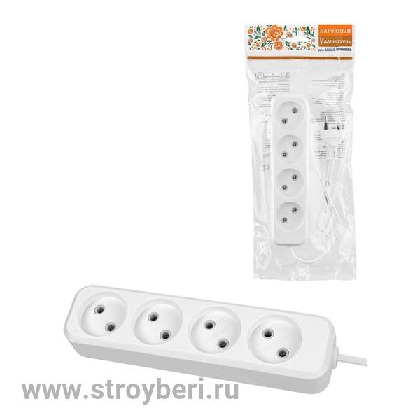SQ1303-1315 Удлинитель 4 гнезда, 1,5 метра, б/з, 10 А, 2300 Вт, белый, НАРОДНЫЙ У-42016