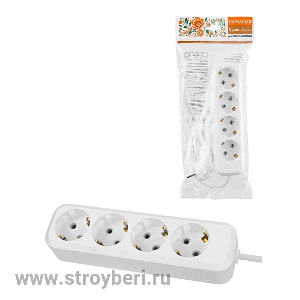 SQ1303-1405 Удлинитель 4 гнезда, 1,5 метра, с/з, 16 А, 3680 Вт, белый, НАРОДНЫЙ У1-43053