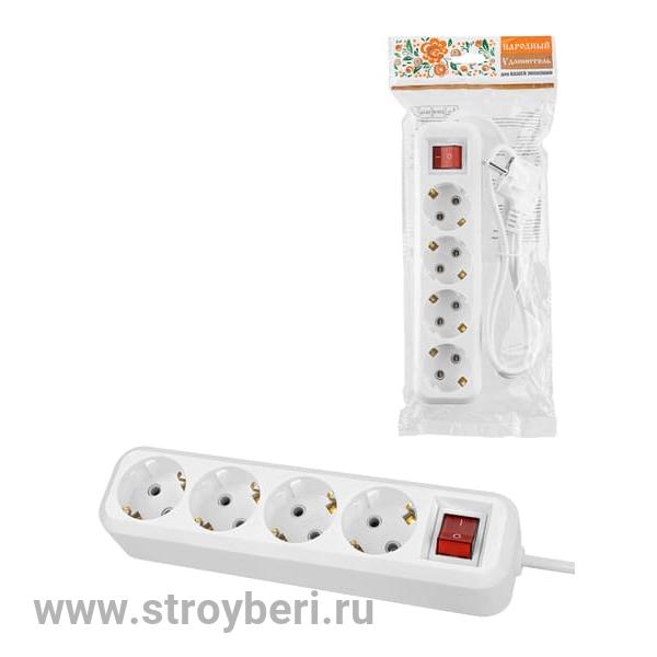 SQ1303-1425 Удлинитель 4 гнезда, 1,5 метра, с/з, выкл., 16 А, 3680 Вт, белый, НАРОДНЫЙ У1-43059