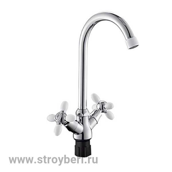 Смеситель д/кухни с 2-мя рукоятками с высоким изливом, цвет.након и ручк.белый Радуга 5970717 АНТЕЙ®