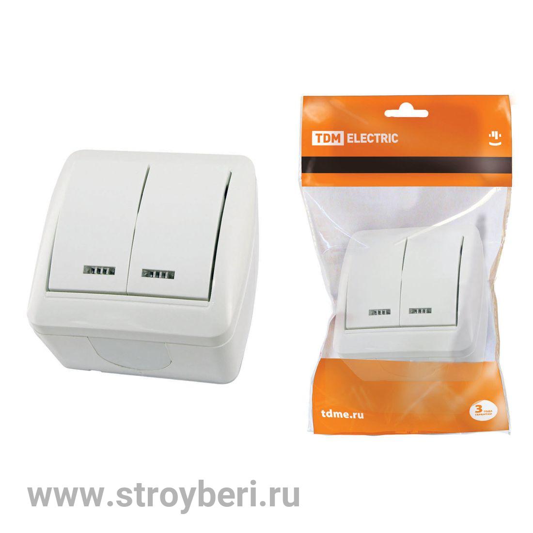 SQ1818-0004 Выключатель 2-кл. открытой установки с подсветкой IP44 10А белый ''Селигер'' TDM