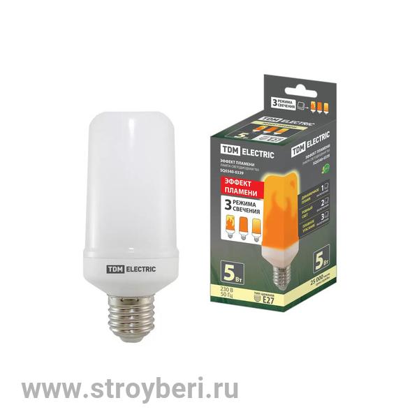 SQ0340-0339 Лампа светодиодная ''Эффект пламени'' Т65-5 Вт-230 В-1500 К-E27 (65х138) TDM