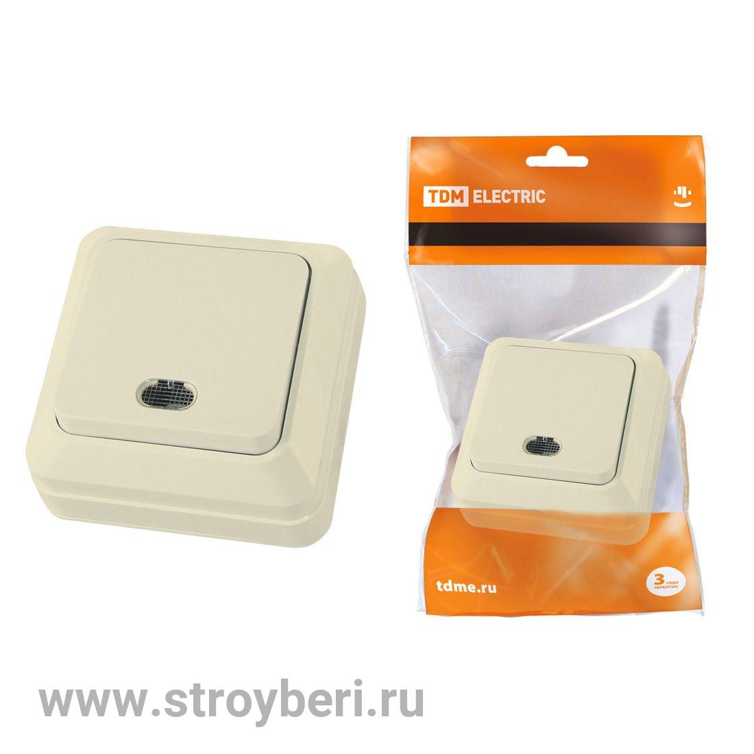 SQ1801-0010 Выключатель 1-кл. открытой установки с подсветкой IP20 10А, сл. кость ''Ладога'' TDM