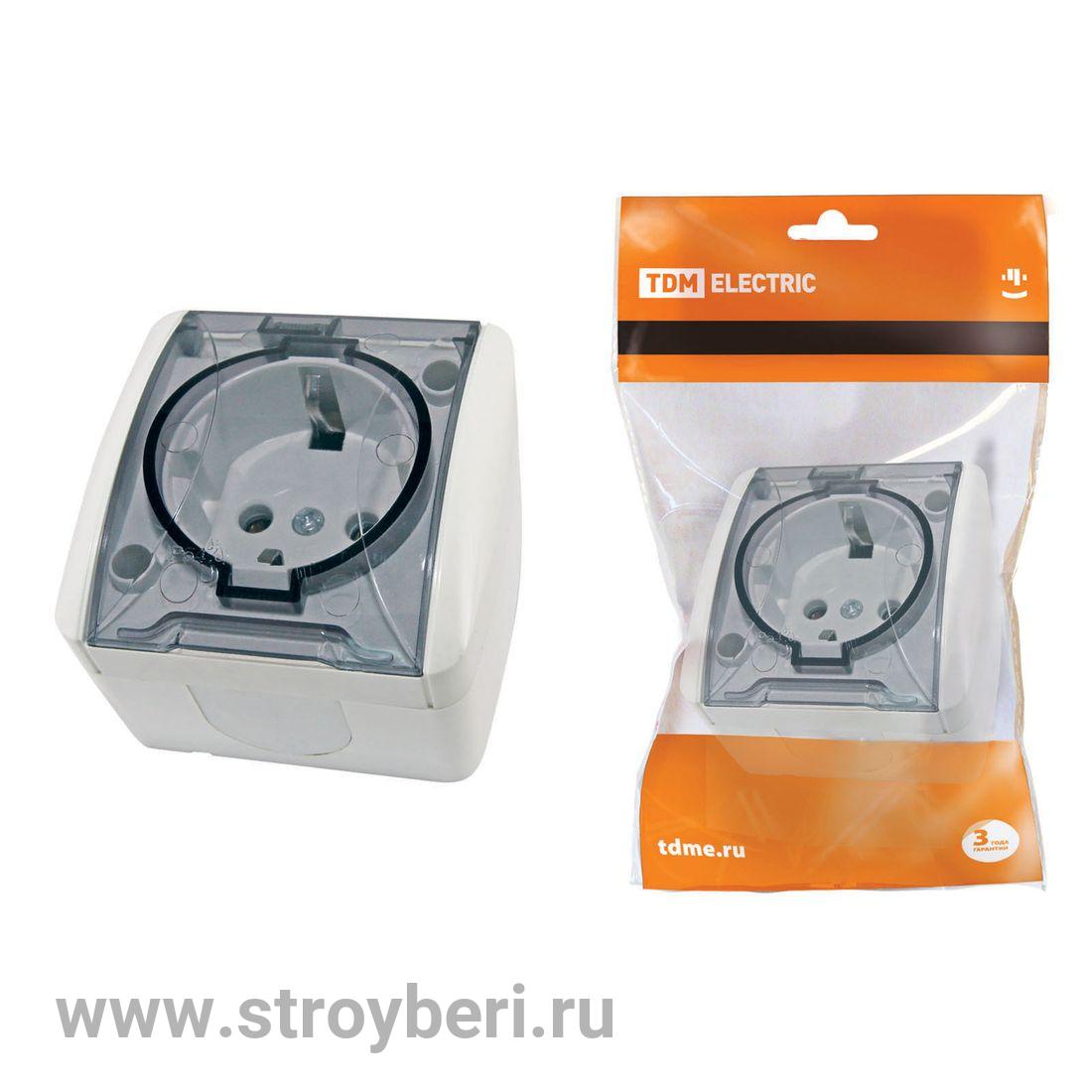 SQ1818-0007 Розетка 2П+3 открытой установки IP54 16А с прозрачной крышкой белая ''Селигер'' TDM