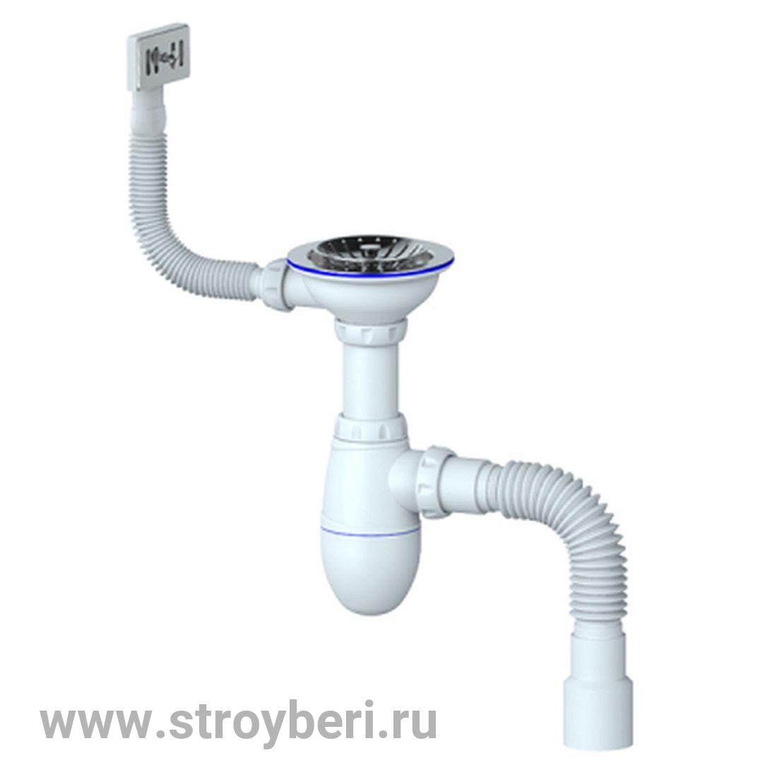 Сифон 3 1/2*40 B425 с прямоуг. переливом, с гофрой 40*40*50 UNICORN (винт, шток, ручка - латунь)