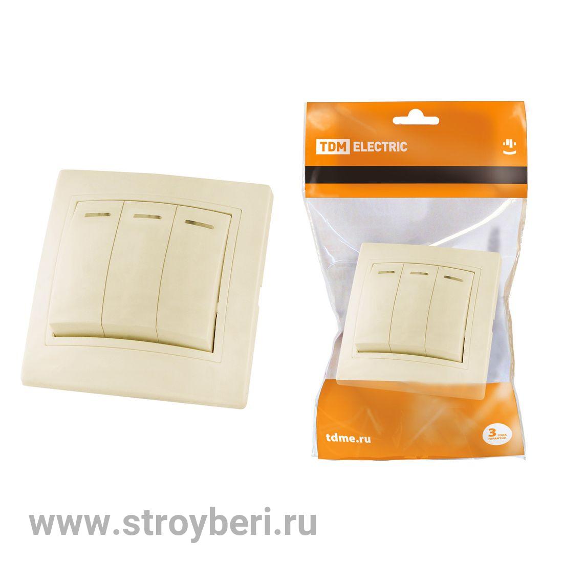 SQ1814-0106 Выключатель 3 кл. с подсветкой 10А сл. кость ''Таймыр'' TDM