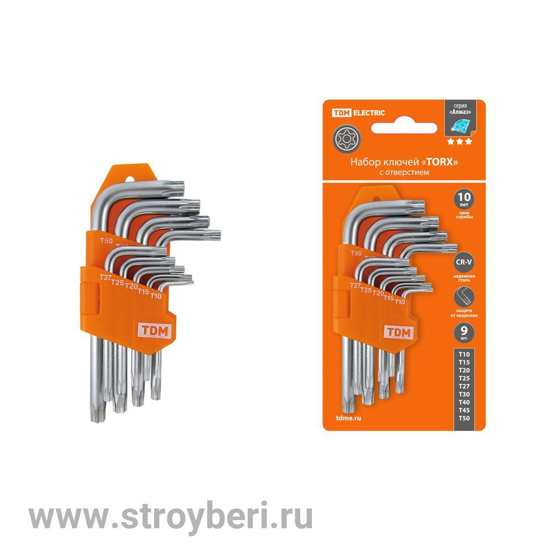 SQ1021-0102 Набор ключей ''TORX'' с отверстием 9 шт: Т10-Т50 (держатель в блистере), CR-V сталь ''Алмаз