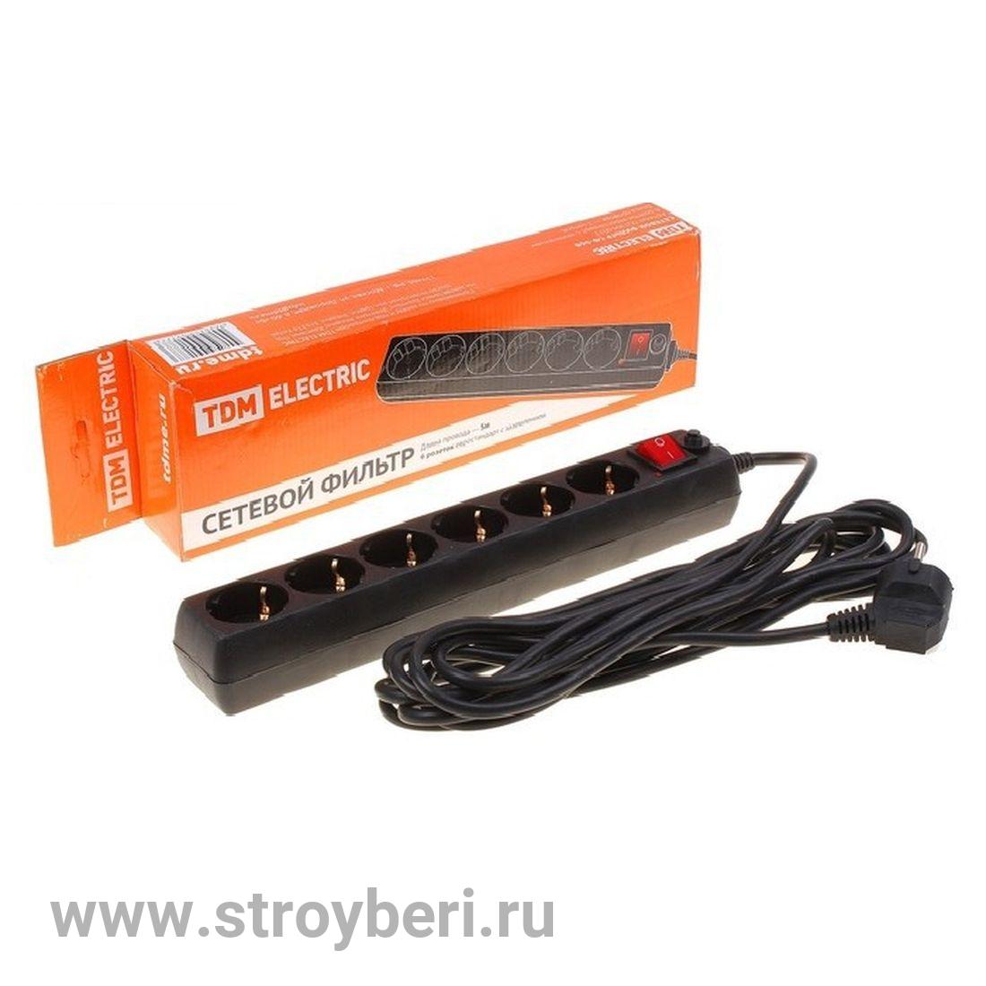 SQ1304-0013 Сетевой фильтр СФ-06В выключатель, 6 гнезд, 5 метров, с/з, ПВС 3х1мм2 16А/250В TDM