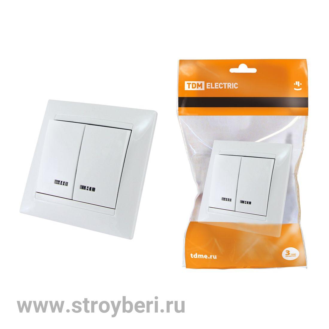 SQ1815-0005 Выключатель 2 кл. с подсветкой 10А белый ''Лама'' TDM