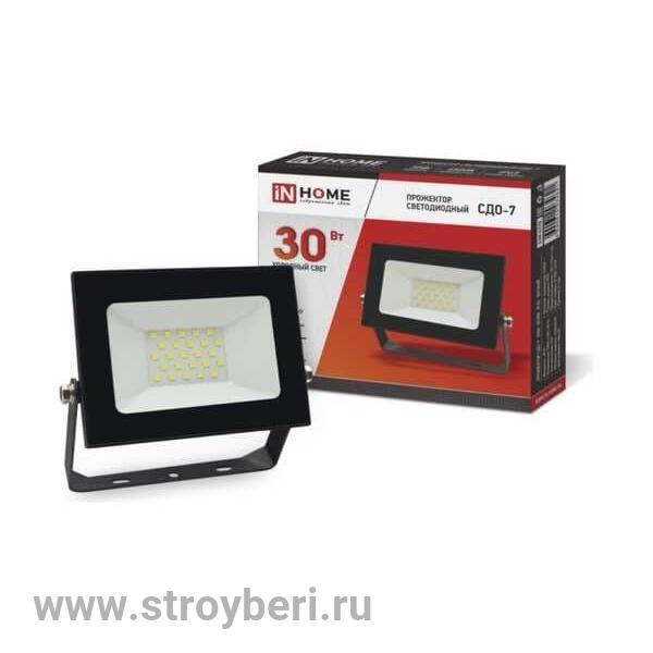 IN HOME Прожектор светодиодный СДО-7 30Вт 230В 6500К IP65 черный (1/40)