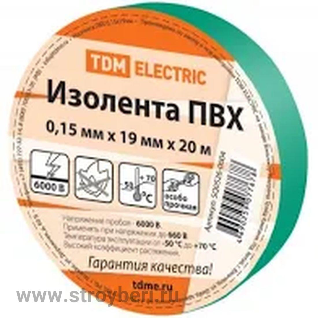 SQ0526-0004 Изолента ПВХ 0,15х19мм Зеленая 20м TDM