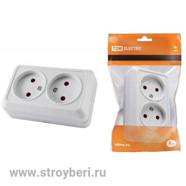 SQ1801-0061 Розетка двойная 2П открытой установки с з/ш IP20 10А, белый ''Ладога'' TDM