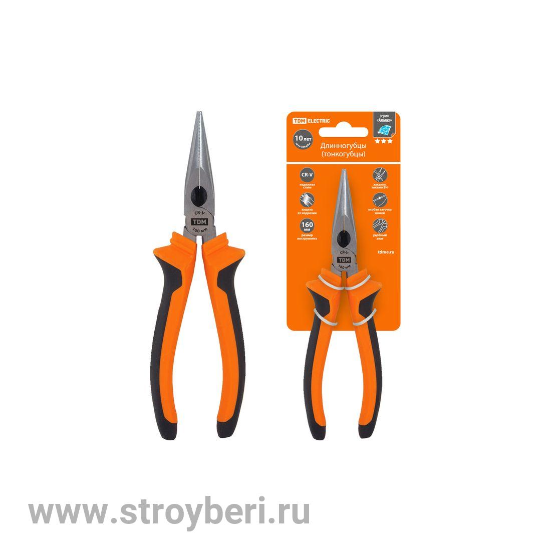 SQ1011-0202 Длинногубцы (тонкогубцы), с двухкомп. рукоятками,CR-V сталь, 160 мм, серия ''Алмаз'' TDM