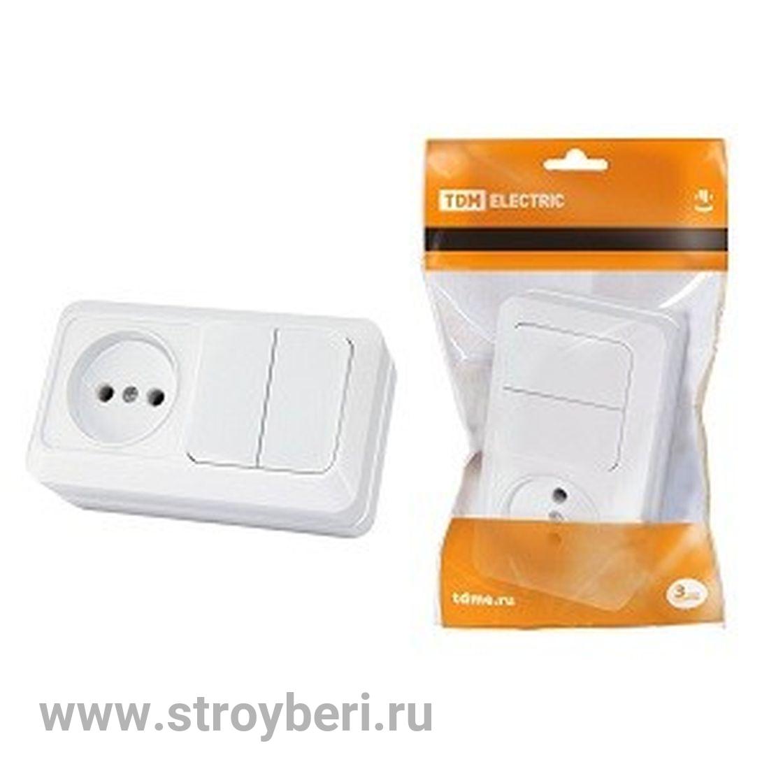 SQ1801-0102 Блок комбинированный выкл. 2-кл. 10А + розетка 2П+З 16А 250В БКВР IP20 белый ''Ладога''